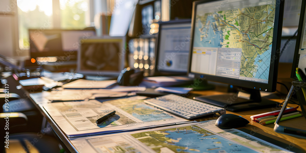 Close-up of a GIS analyst's desk with geographic information system maps and data, showcasing a job in GIS analysis Close-up of a GIS analyst's desk with geographic information system maps and data, showcasing a job in GIS analysis