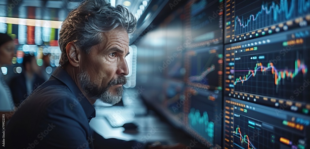 A man staring at multiple computer screens displaying stock market data.