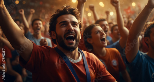 Fan cheering enthusiastically in a soccer stadium.