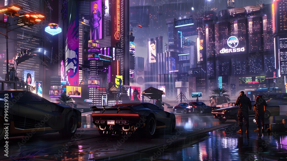 Futuristic city street illuminated by neon lights with diverse crowd in a cyberpunk setting