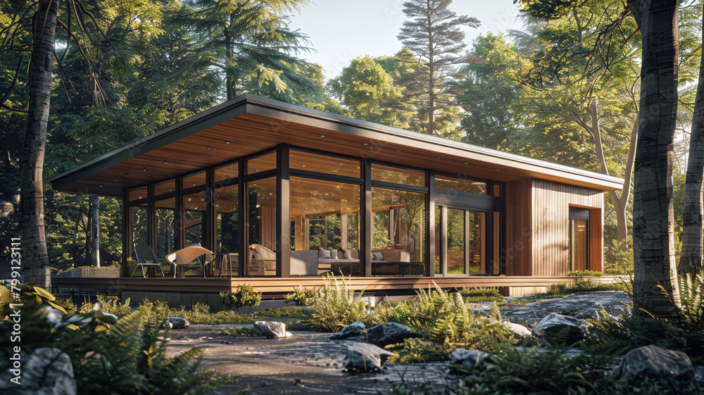 A contemporary cabin with sleek wood finishes and large windows, nestled in a peaceful forest on a sunny day.