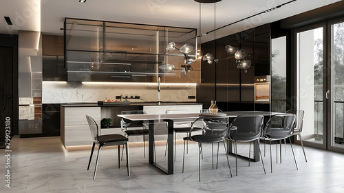 sophisticated dining area with glass - top table surrounded by black and metal chairs, a potted gre © YOGI C