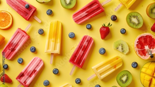 A colorful array of fruit and ice cream pops on a yellow background