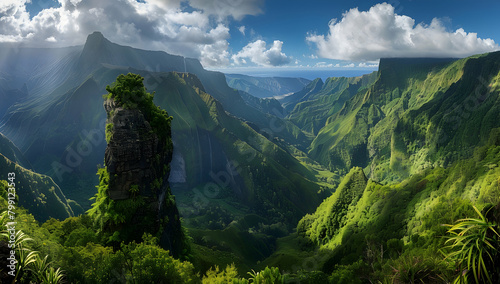view of the green mountains and lush forests in Reunion Island  showcasing its rugged terrain with towering cliffs overlooking vast valleys