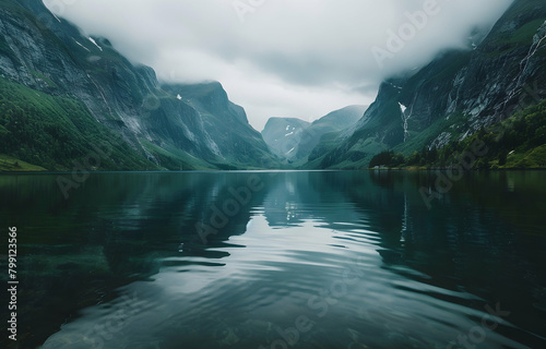 foggy weather, the lake reflecting the mountains, with dark green and grey colors