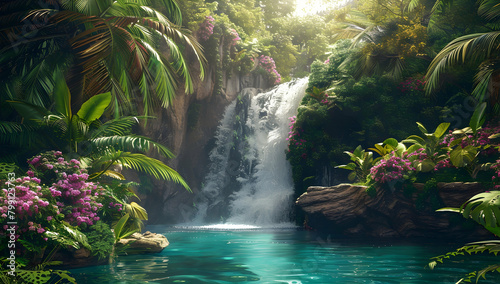A majestic waterfall cascades down from the lush green canopy of an enchanted rainforest photo