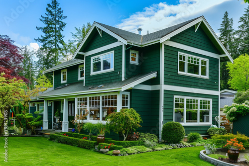 A forest green classic American house in a suburban area  with a landscaped yard and white trimmed windows.