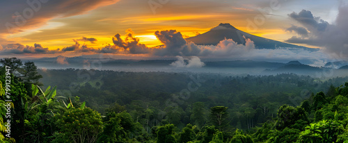 view of the jungle with the volcano agung bali in the background at sunrise