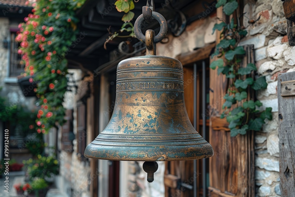 Obraz premium An old, weathered bronze bell with intricate detailing hangs from a metal fixture in front of a rustic house, evoking a sense of history