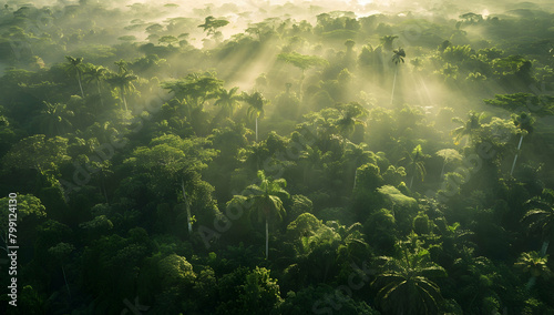 Aerial view of dense rainforest canopy with sun rays breaking through, misty atmosphere