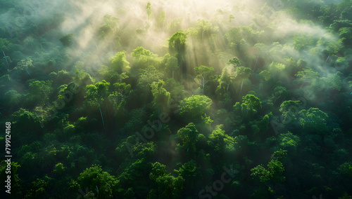 Aerial view of a dense forest with misty rays of sunlight piercing through the canopy