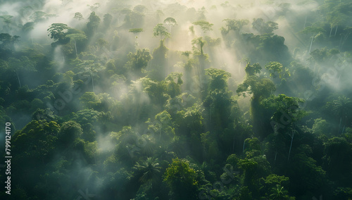 A misty morning in the Amazon Rainforest, a top view shot with sunlight filtering through thick fog and illuminating vibrant green trees photo