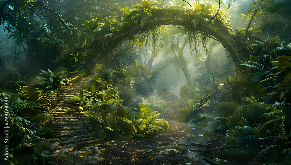 A dense, lush jungle with an ancient tree archway overhanging the path, dappled sunlight filtering through leaves