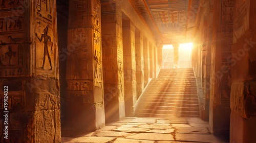 Egyptian Temple. Passage with stairs and walls with Egyptian hieroglyphics, illuminated by warm bright sun rays photo