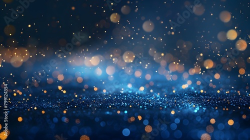 Elegant blue background silk fabric glitter. abstract background with Dark blue and gold particle. Christmas Golden light shine particles bokeh on navy blue background. Holiday concept. photo