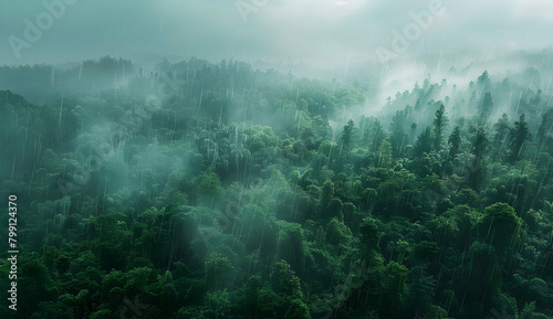 Aerial view of a dense tropical rainforest with a misty atmosphere. The forest is full of trees and vegetation