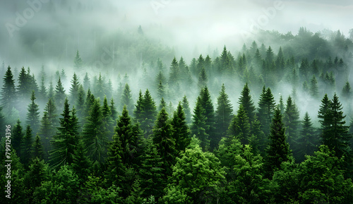 A dense pine forest shrouded in mist, creating an ethereal and mystical atmosphere