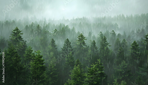A panoramic view of the forest  with heavy rain falling on tall trees