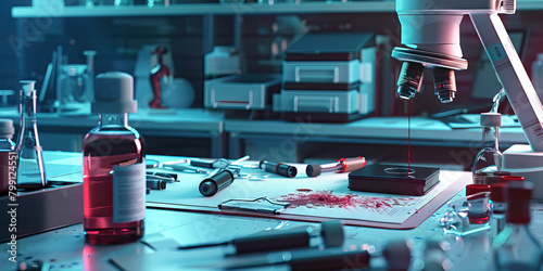 Close-up of a forensic scientist's desk with forensic evidence and lab equipment, symbolizing a job in forensic science