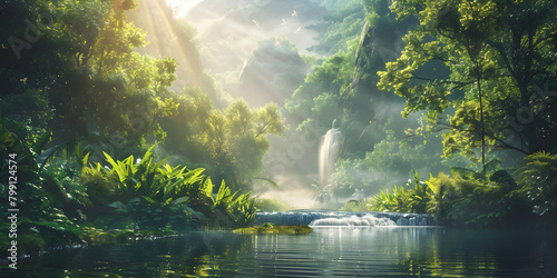 A beautiful river flows through the dense jungle, with sunlight filtering through the canopy