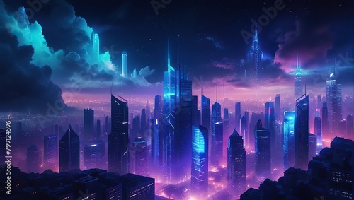background shows a vibrant metropolis at night, filled with skyscrapers that boast glass facades illuminated by multicolored LED lights.