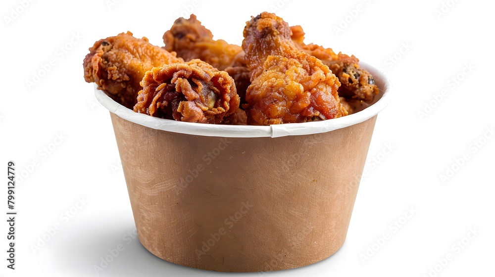 Fried chicken in paper bucket isolated on white background, crispy chicken wings in paper box Fried chicken in paper bucket isolated on white background, crispy chicken wings in paper box