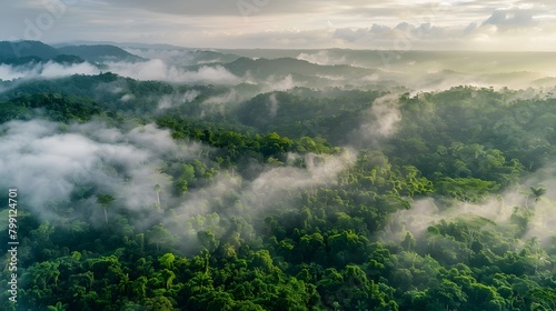 Foggy landscape in the jungle. Fog and cloud mountain tropic valley landscape. aerial view, wide misty panorama. © Basketball