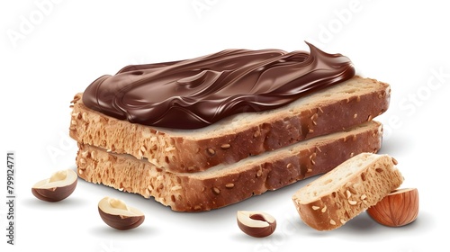 Fresh white bread with chocolate paste isolated on transparent background  png. Slice of bread with chocolate cream with hazelnut