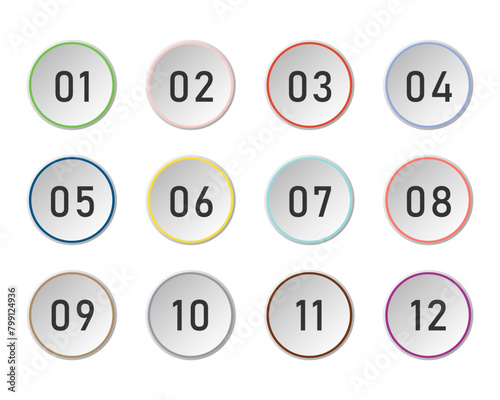 colorful numeric bullet icons Flat circles with numbers from 1 to 12, vector