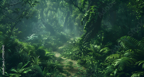 A dense jungle with lush green foliage, a narrow path winding through the trees, mist rising from underfoot