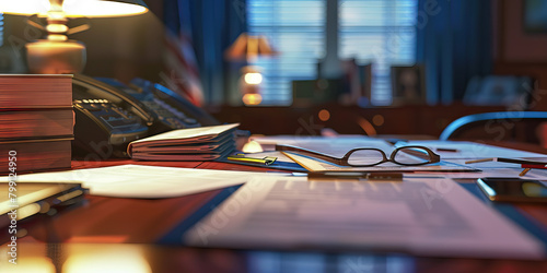 Close-up of a museum registrar's desk with artifact catalogues and loan agreements, showcasing a job in museum registration