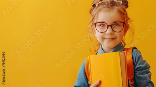 funny smiling child school girl with glasses hold books. Yellow background, Back to school.