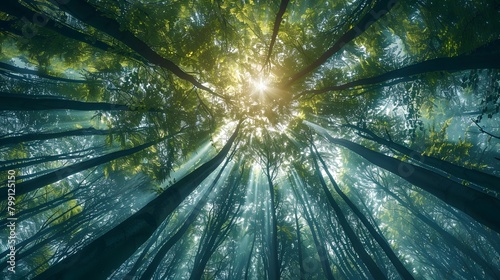 Green Forest of Beech Trees, looking up. Sun rays shining through trees, nature background. wide panoramic