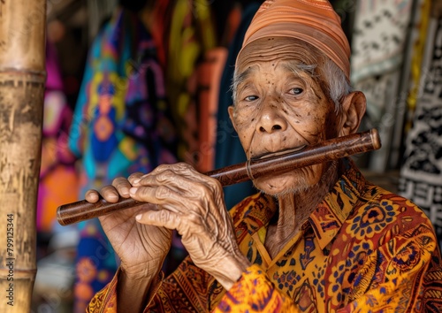 Sehr alter indonesischer Mann spielt auf einer selbst hergestellten Flöte photo