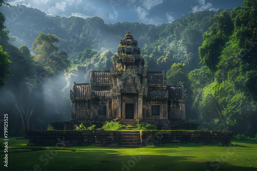 an ancient temple nestled in the heart of lush greenery, bathed in ethereal mist and sunlight