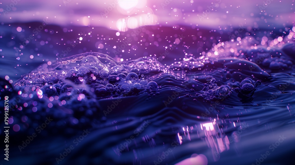 A photo of a close up of ocean waves, dark blue and purple colors, bubbles in the water, sun rays shining through. A photo of a close up of ocean waves, dark blue and purple colors, bubbles in the water, sun rays shining through.