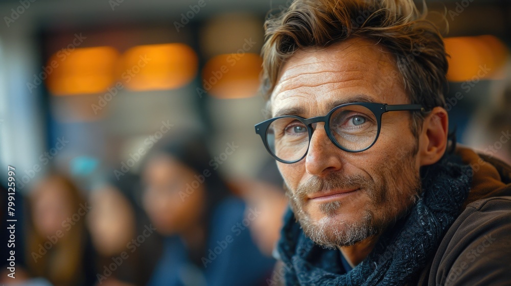 Lecturer wearing glasses, engaging with students in a learning space Lecturer wearing glasses, engaging with students in a learning space