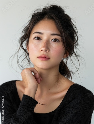 Average-looking 25 years old asian woman in a minimalist studio setting 