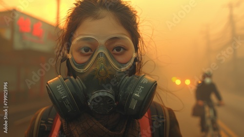 In a cinematic frame, a Thai woman equipped with a gas mask adorned braves the smog  