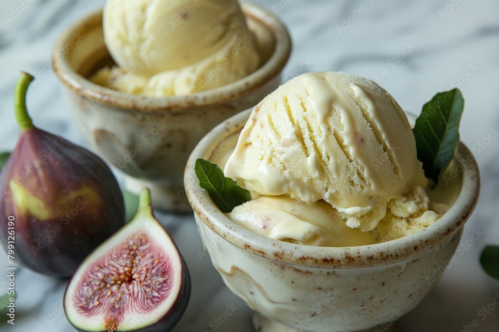 Ice cream with fig accents in artisan bowls, a delicious melding of creamy and fruity flavors Ice cream with fig accents in artisan bowls, a delicious melding of creamy and fruity flavors