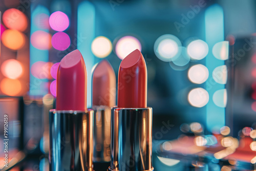 Pink lipsticks on vanity table with blurry background