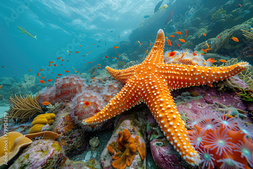 A starfish in an aquarium  surrounded colorful coral and sea plants. Created with Ai