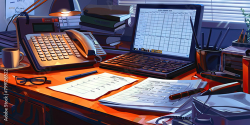 Close-up of a data entry clerk's desk with spreadsheet software and data entry forms, symbolizing a job in data entry. photo