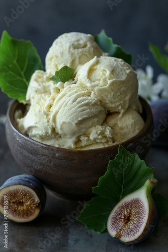 Heaping scoops of trendy fig leaf ice cream in an earthen bowl with fig leaves