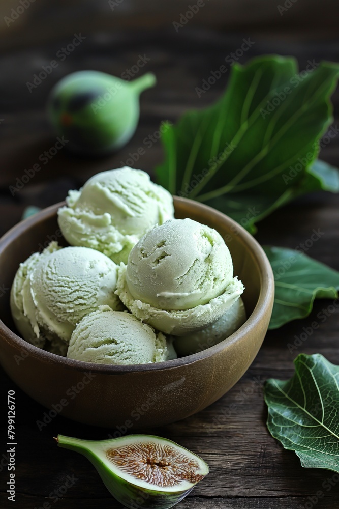 Fresh fig leaf ice cream in a wooden bowl, a natural dessert on a rustic table Fresh fig leaf ice cream in a wooden bowl, a natural dessert on a rustic table