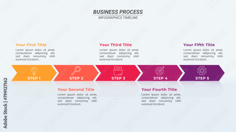 Infographic Timeline with 5 Steps and Editable Text on a 16:9 Layout for Business Presentations, Management, and Evaluation.
