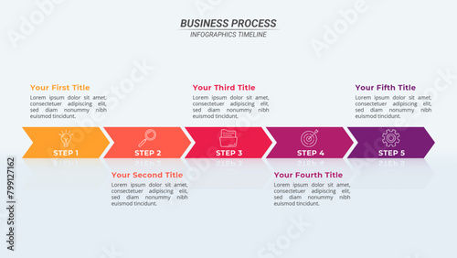 Infographic Timeline with 5 Steps and Editable Text on a 16:9 Layout for Business Presentations, Management, and Evaluation.