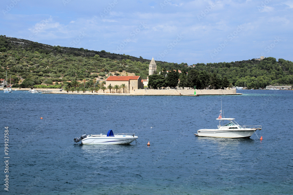 view on the peninsula with the Church of St. Jerome, island Vis, Croatia