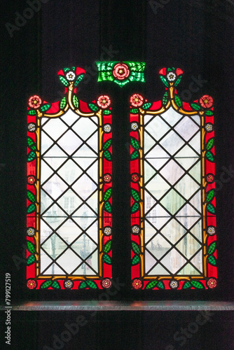 Colorful window of a church in Brugge