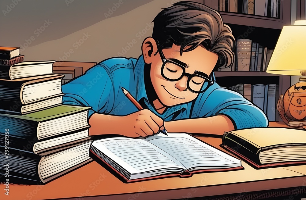 Cartoon illustration dark-haired teenager with Caucasian glasses is sitting at home or in the library at a table with books and a lamp and doing homework, there is bookcase in the background Cartoon illustration dark-haired teenager with Caucasian glasses is sitting at home or in the library at a table with books and a lamp and doing homework, there is bookcase in the background